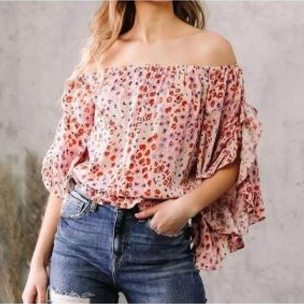 Willow Root - “NWT” Pink Floral Off-Shoulder Blouse w/ Ruffle Sleeves - Medium